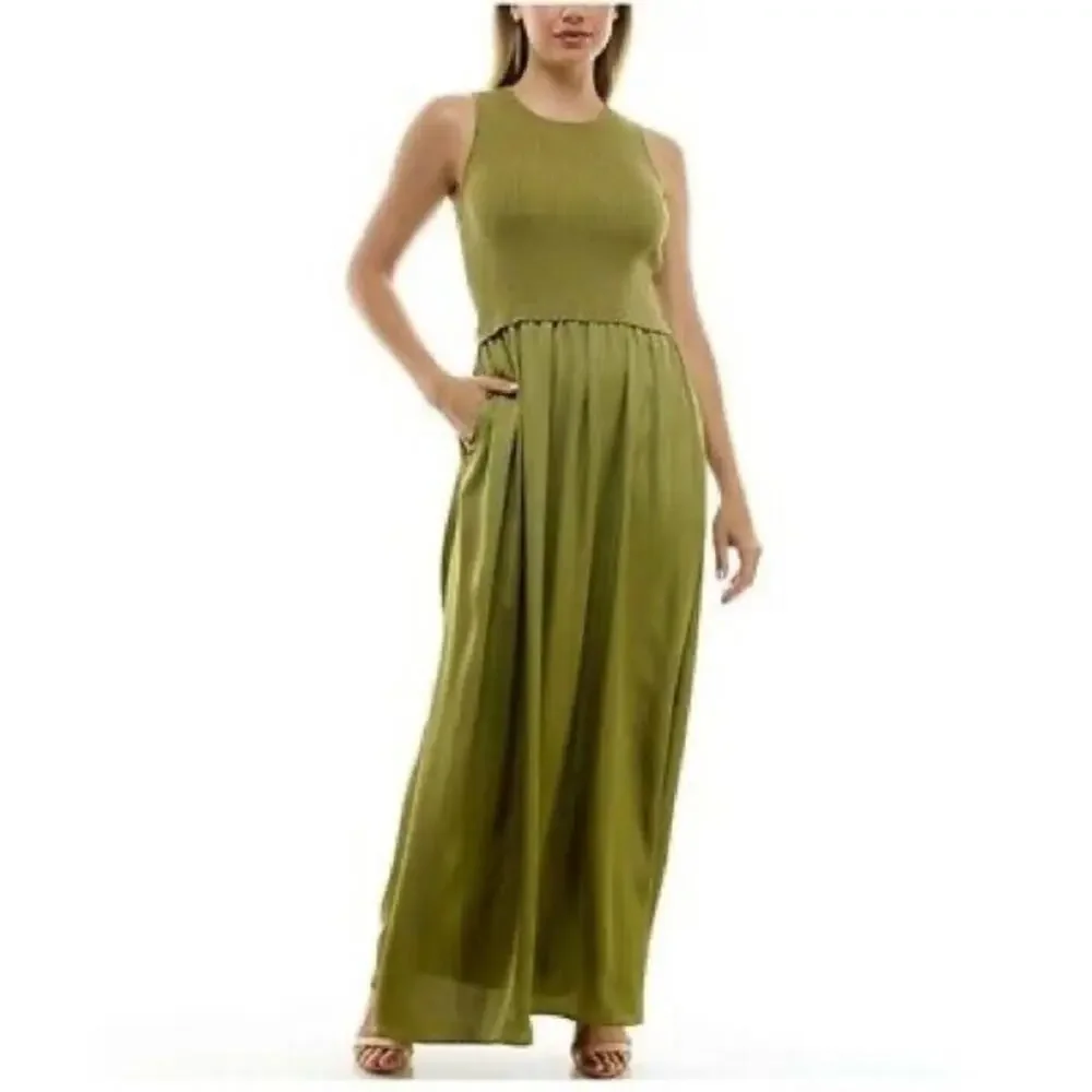NWT TAYLOR Moss Green Mixed Media Satin Gown Ribbed Bodice & Pockets Size L 1272